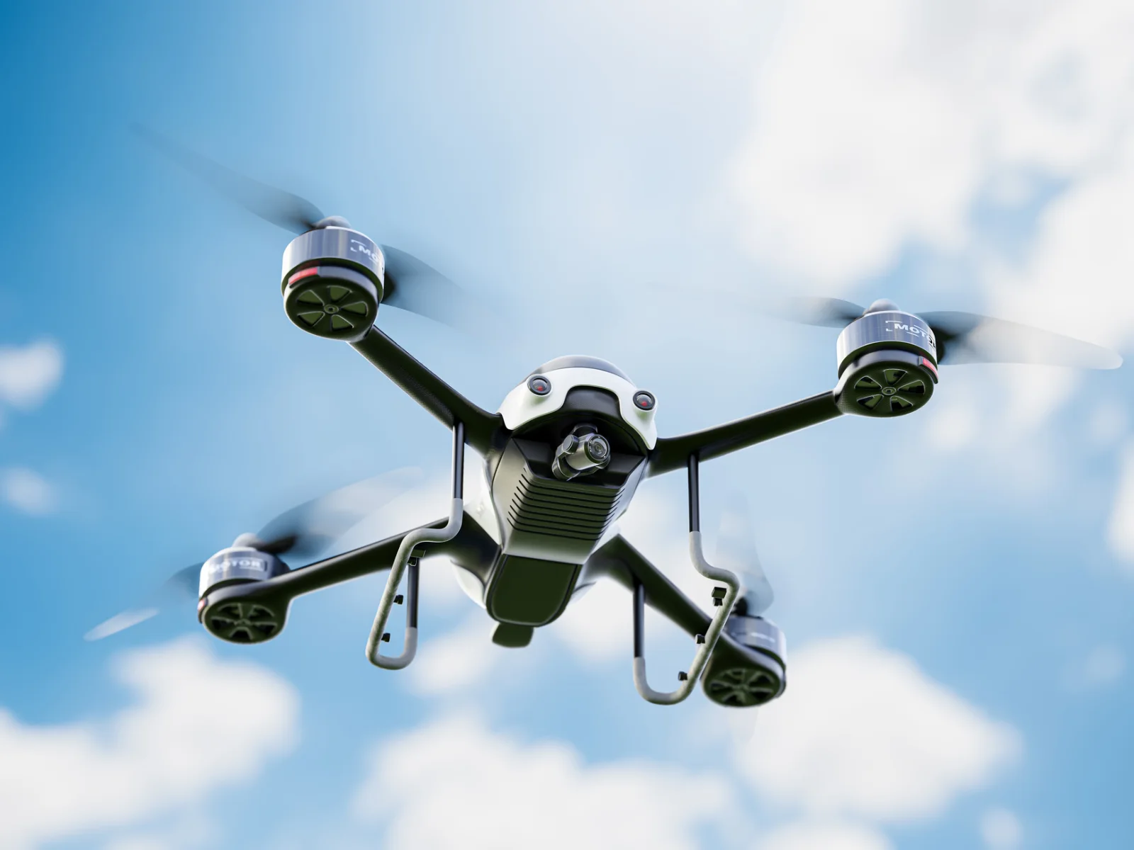 A camera drone in flight, used for aerial roof surveys