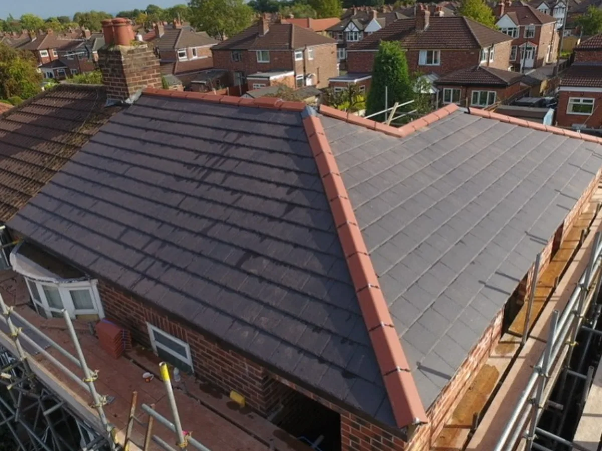 A hip roof finished with dry-fixed ridges